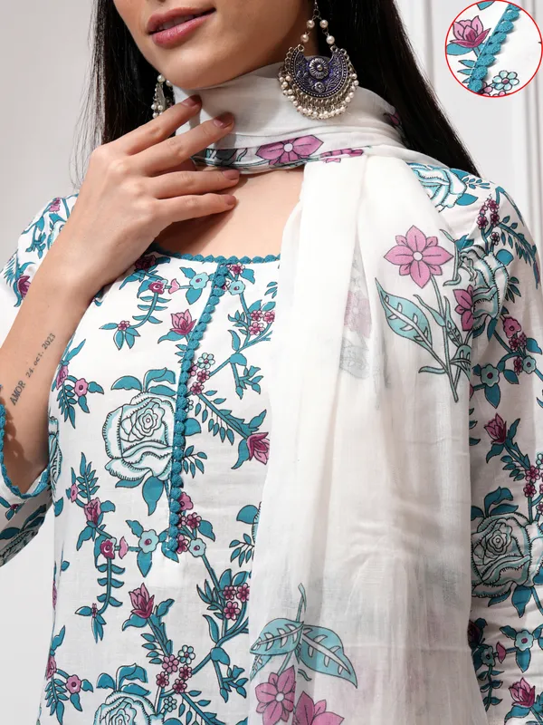 Vishudh Women White Kurta With Trousers And Dupatta