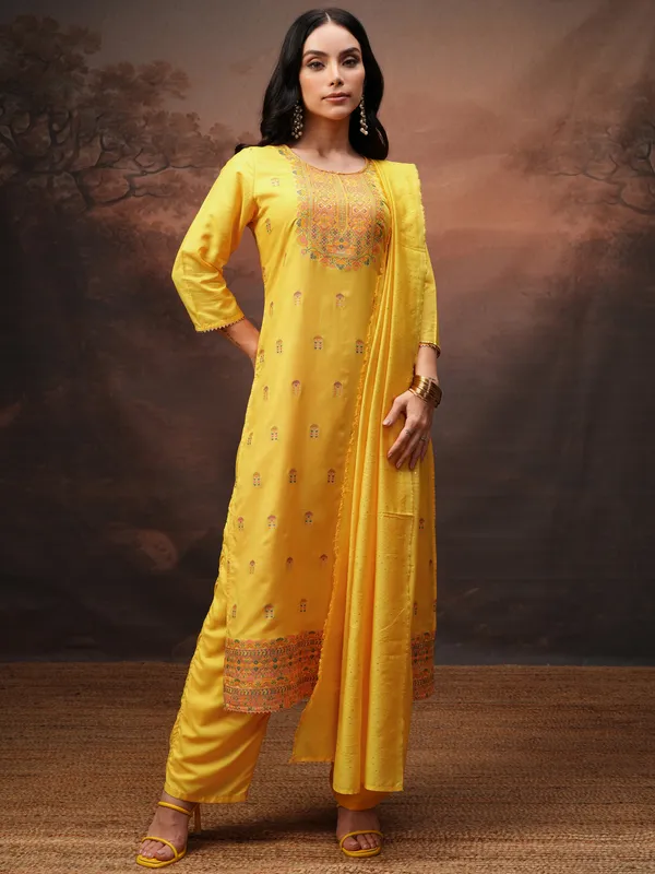 Vishudh Women Yellow Printed Kurta With Palazzos And Dupatta