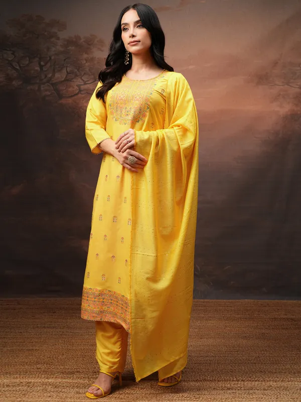 Vishudh Women Yellow Printed Kurta With Palazzos And Dupatta