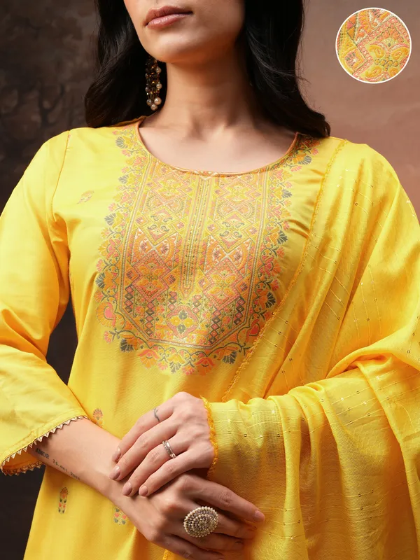 Vishudh Women Yellow Printed Kurta With Palazzos And Dupatta
