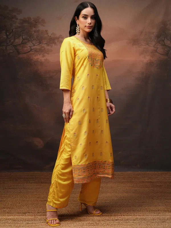 Vishudh Women Yellow Printed Kurta With Palazzos And Dupatta