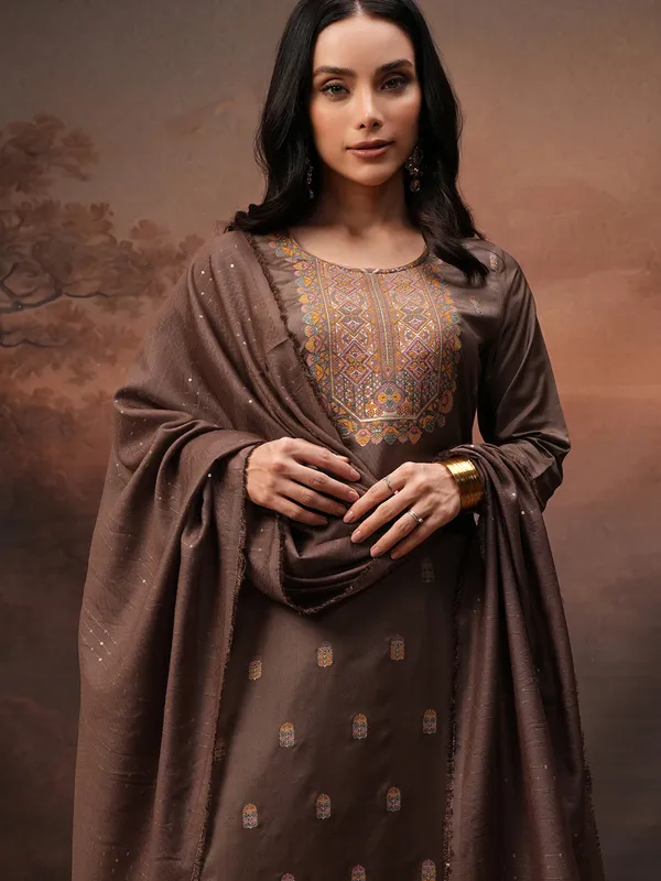 Vishudh Women Brown Printed Kurta With Palazzos And Dupatta