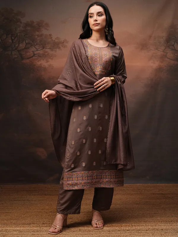 Vishudh Women Brown Printed Kurta With Palazzos And Dupatta