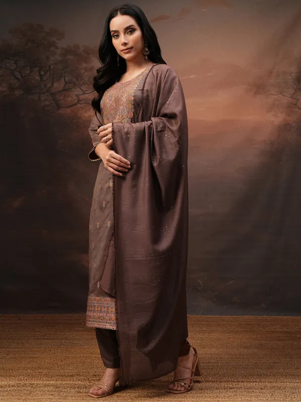 Vishudh Women Brown Printed Kurta With Palazzos And Dupatta