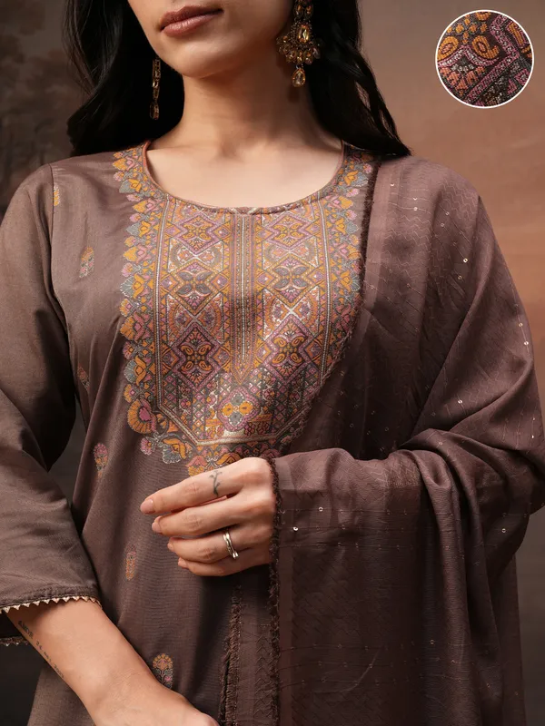 Vishudh Women Brown Printed Kurta With Palazzos And Dupatta