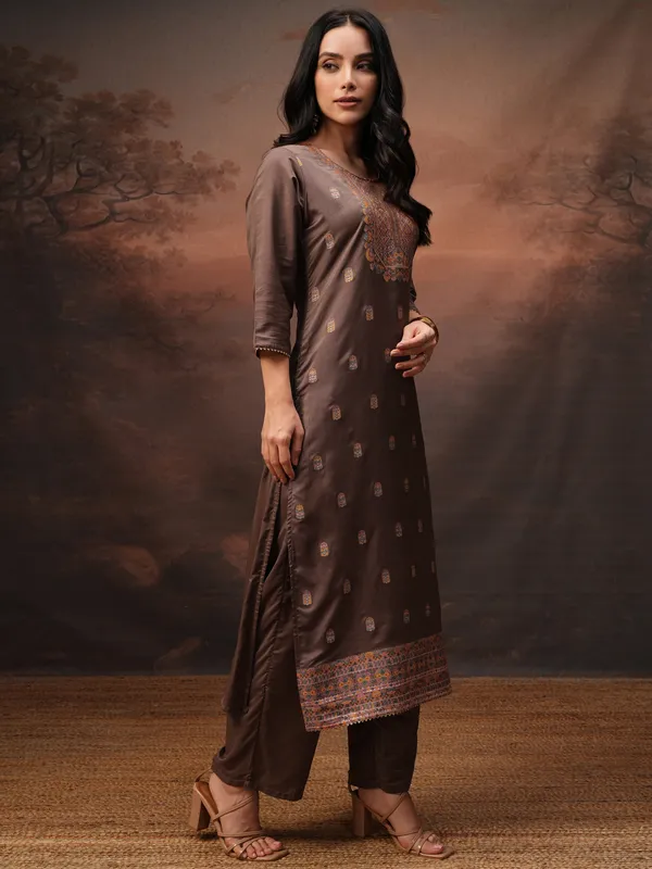 Vishudh Women Brown Printed Kurta With Palazzos And Dupatta