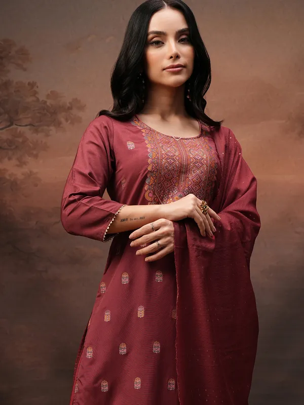 Vishudh Women Maroon Printed Kurta With Palazzos And Dupatta