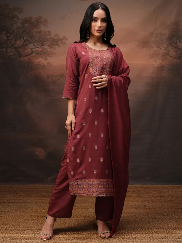 Vishudh Women Maroon Printed Kurta With Palazzos And Dupatta