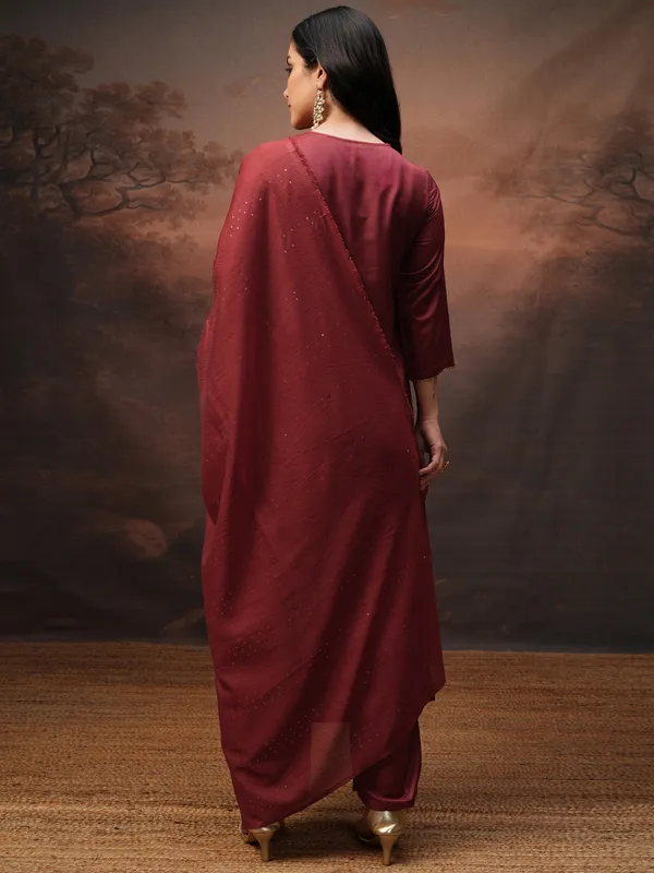 Vishudh Women Maroon Printed Kurta With Palazzos And Dupatta