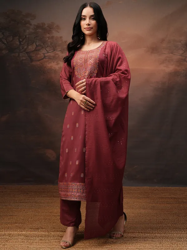 Vishudh Women Maroon Printed Kurta With Palazzos And Dupatta