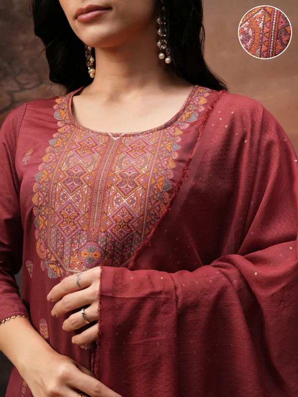 Vishudh Women Maroon Printed Kurta With Palazzos And Dupatta