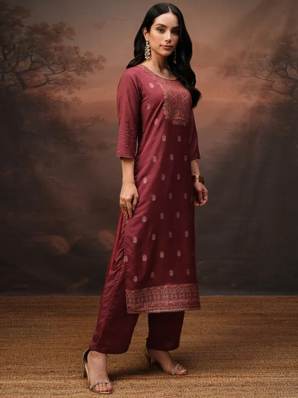 Vishudh Women Maroon Printed Kurta With Palazzos And Dupatta
