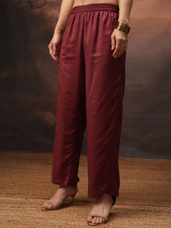 Vishudh Women Maroon Printed Kurta With Palazzos And Dupatta