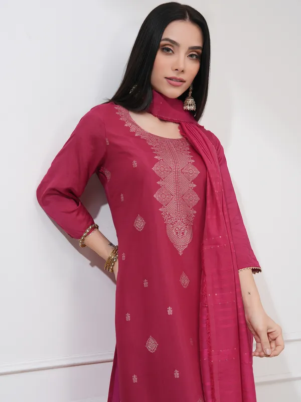 Vishudh Women Pink Woven Design Kurta With Trousers And Dupatta