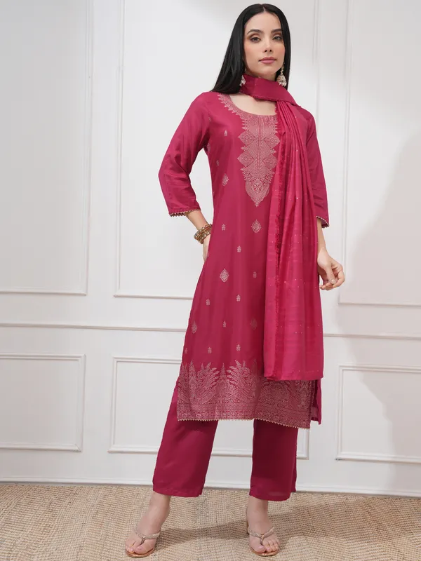 Vishudh Women Pink Woven Design Kurta With Trousers And Dupatta