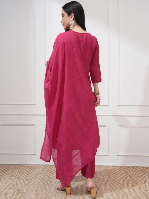 Vishudh Women Pink Woven Design Kurta With Trousers And Dupatta
