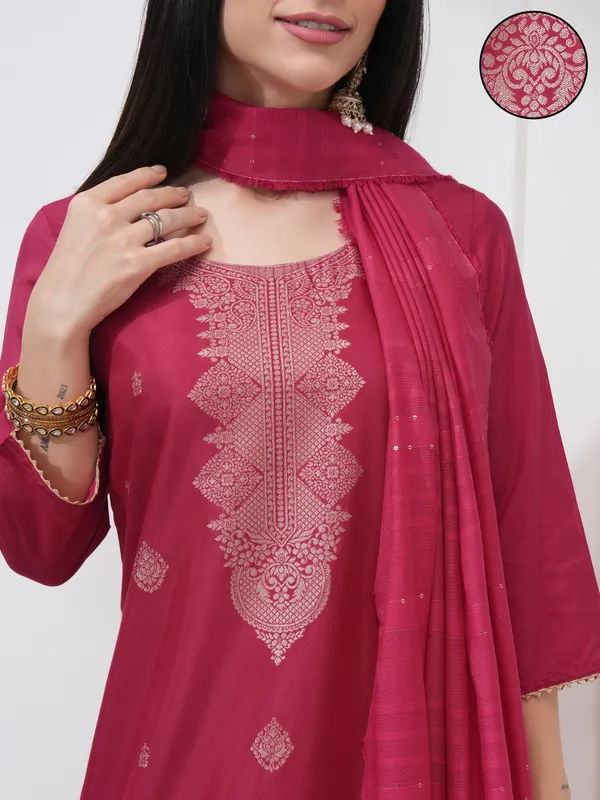 Vishudh Women Pink Woven Design Kurta With Trousers And Dupatta