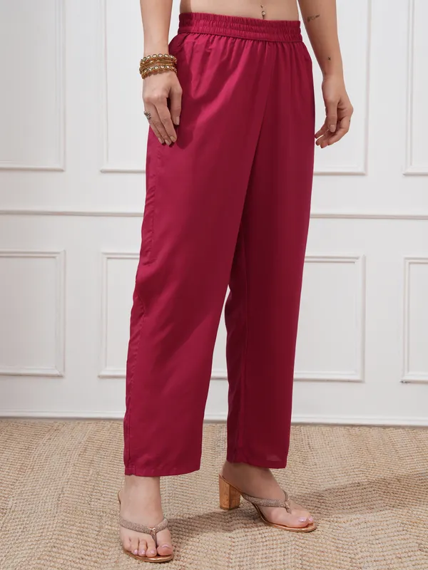 Vishudh Women Pink Woven Design Kurta With Trousers And Dupatta