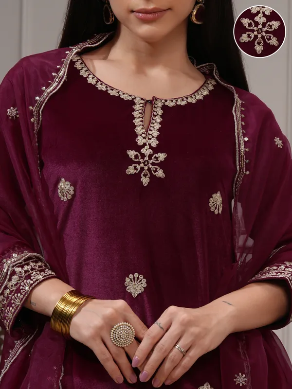 Vishudh Women Burgundy Women Kurta With Trousers And Dupatta