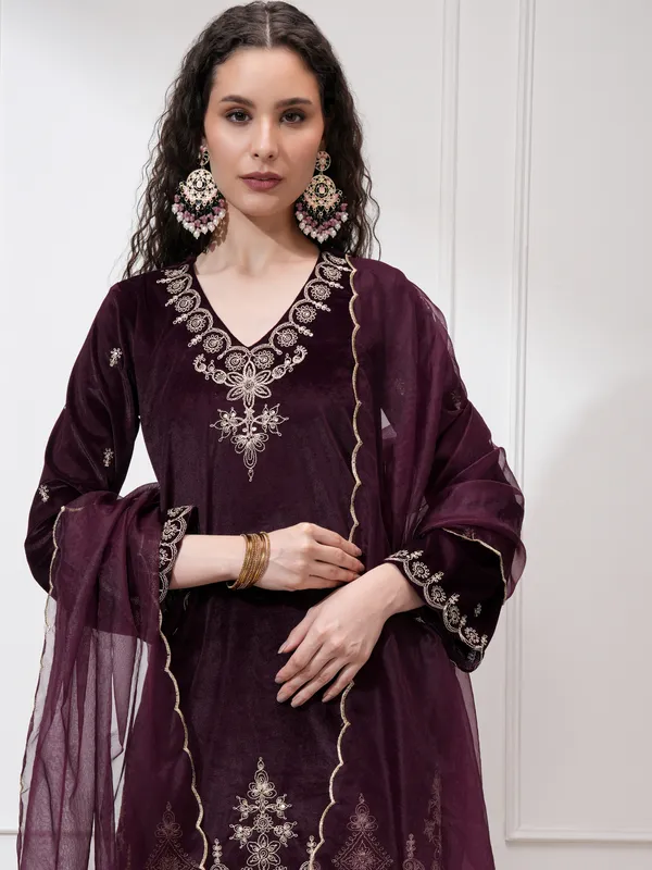 Vishudh Women Purple Kurta With Trouser And Dupatta