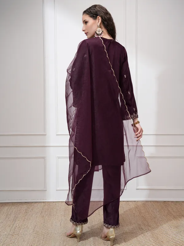 Vishudh Women Purple Kurta With Trouser And Dupatta