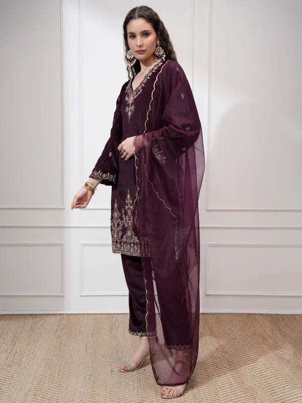 Vishudh Women Purple Kurta With Trouser And Dupatta