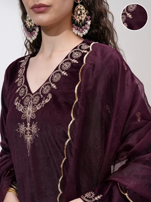 Vishudh Women Purple Kurta With Trouser And Dupatta