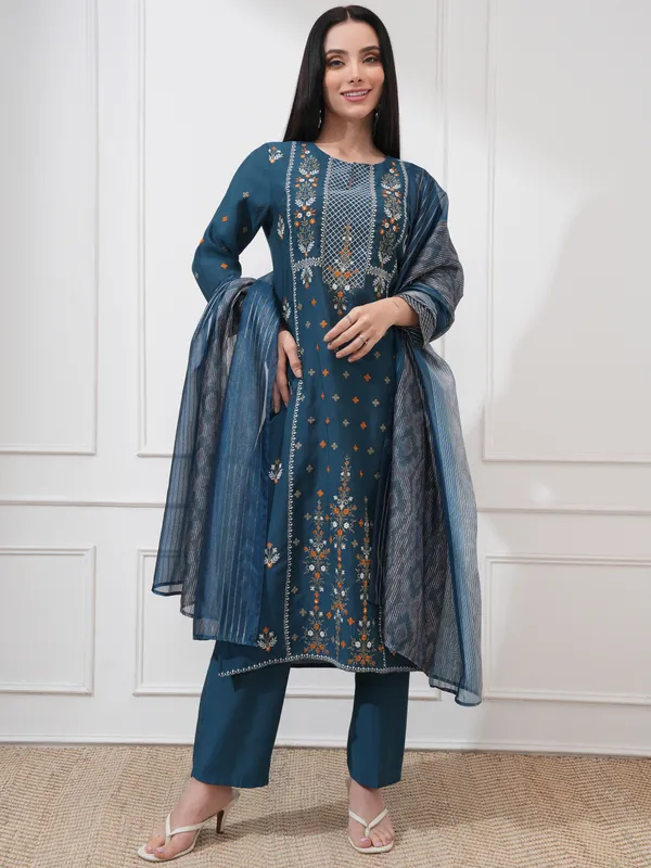 Vishudh Women Blue Embroidered Kurta With Trousers And Dupatta