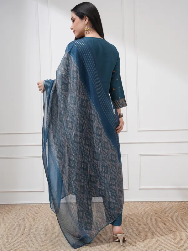 Vishudh Women Blue Embroidered Kurta With Trousers And Dupatta