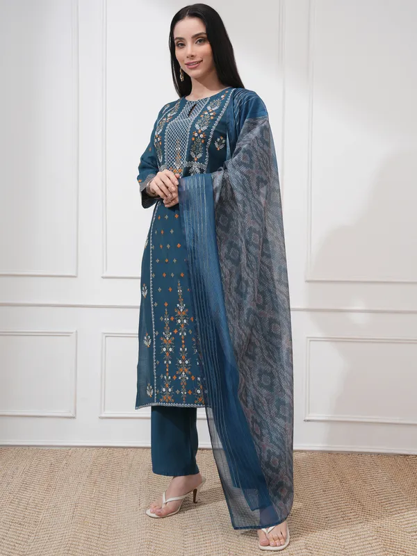 Vishudh Women Blue Embroidered Kurta With Trousers And Dupatta