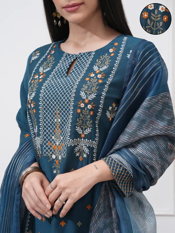 Vishudh Women Blue Embroidered Kurta With Trousers And Dupatta