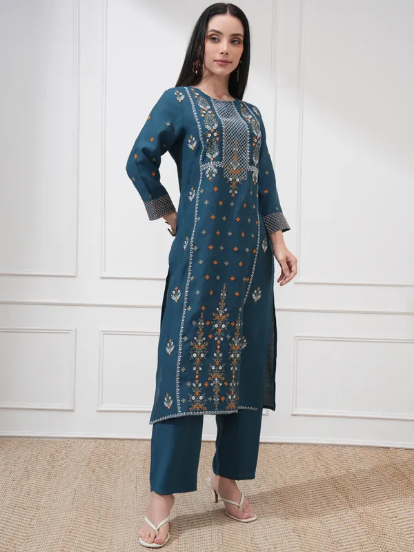 Vishudh Women Blue Embroidered Kurta With Trousers And Dupatta