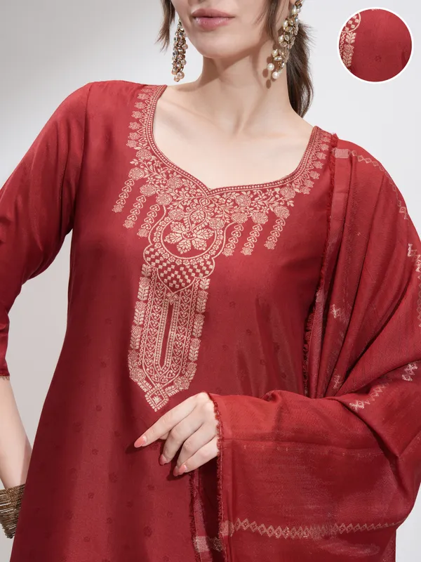 Vishudh Women Red Kurta With Trouser And Dupatta