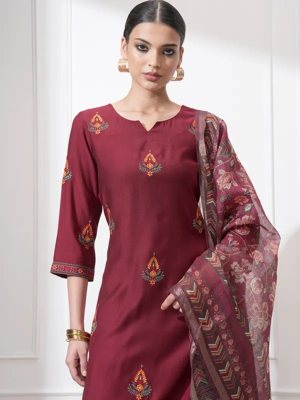 Vishudh Women Maroon Embroidered Kurta With Trousers And Dupatta