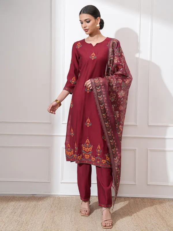 Vishudh Women Maroon Embroidered Kurta With Trousers And Dupatta