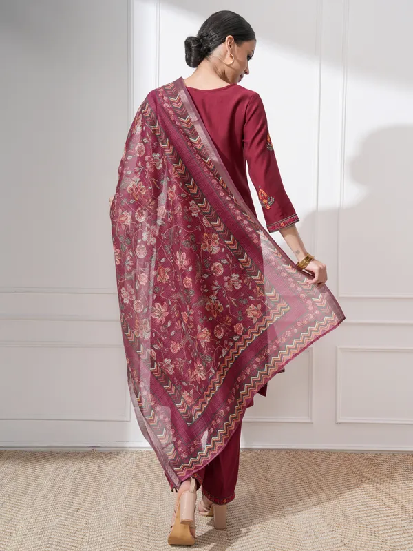 Vishudh Women Maroon Embroidered Kurta With Trousers And Dupatta