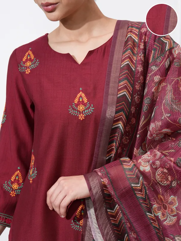 Vishudh Women Maroon Embroidered Kurta With Trousers And Dupatta