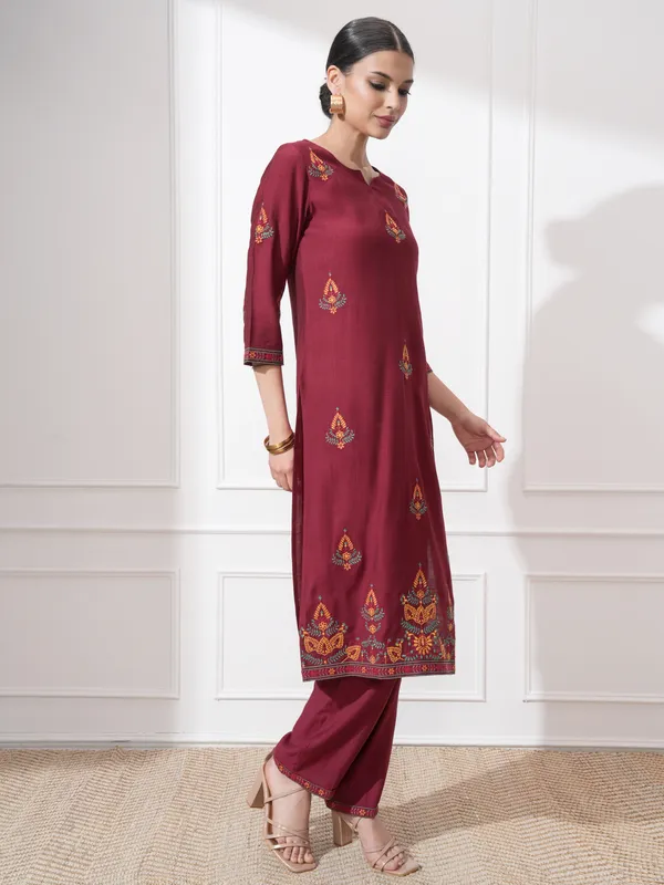 Vishudh Women Maroon Embroidered Kurta With Trousers And Dupatta