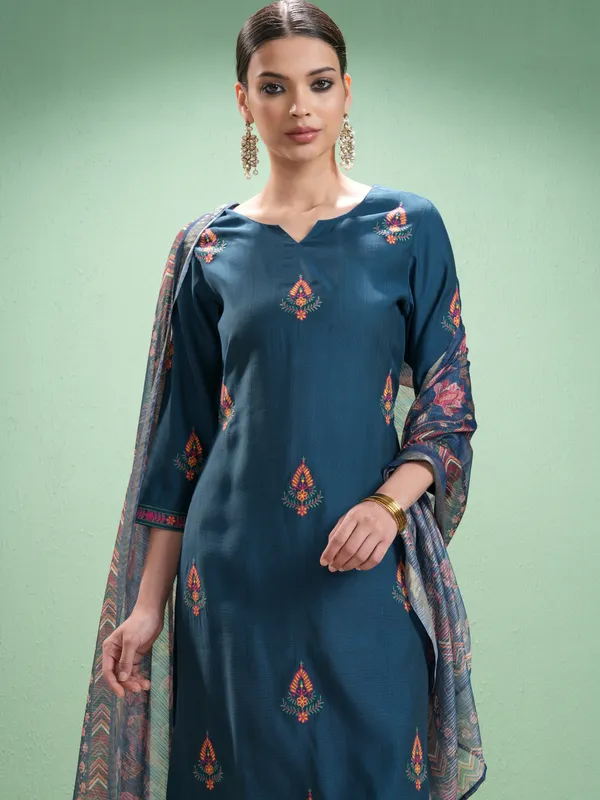 Vishudh Women Blue Embroidered Kurta With Trousers And Dupatta