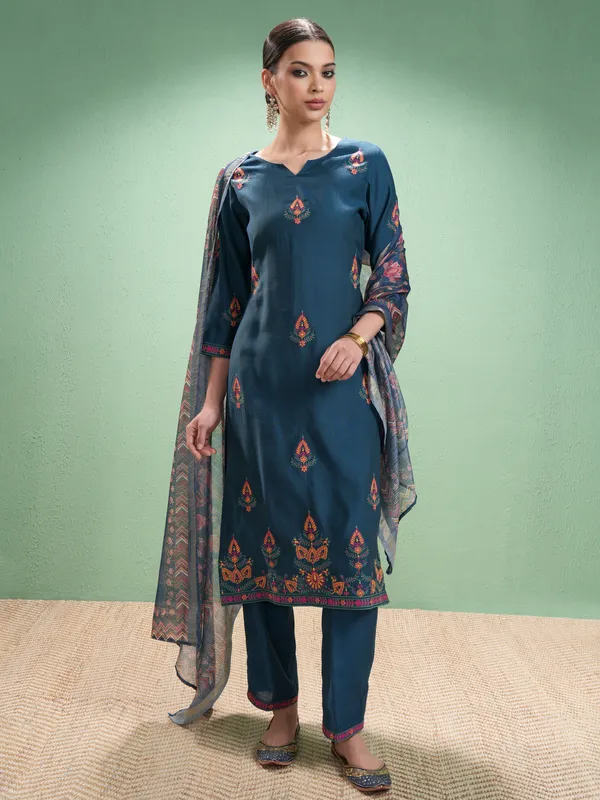 Vishudh Women Blue Embroidered Kurta With Trousers And Dupatta