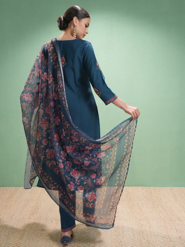 Vishudh Women Blue Embroidered Kurta With Trousers And Dupatta