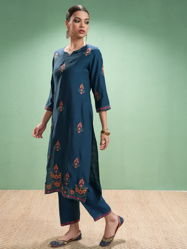 Vishudh Women Blue Embroidered Kurta With Trousers And Dupatta