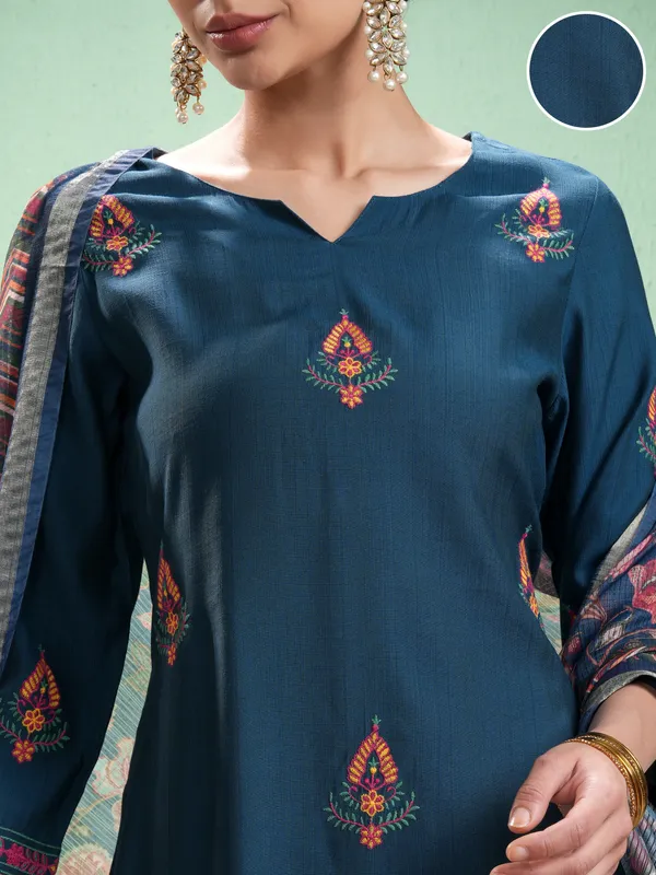 Vishudh Women Blue Embroidered Kurta With Trousers And Dupatta