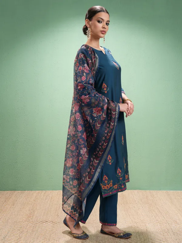 Vishudh Women Blue Embroidered Kurta With Trousers And Dupatta