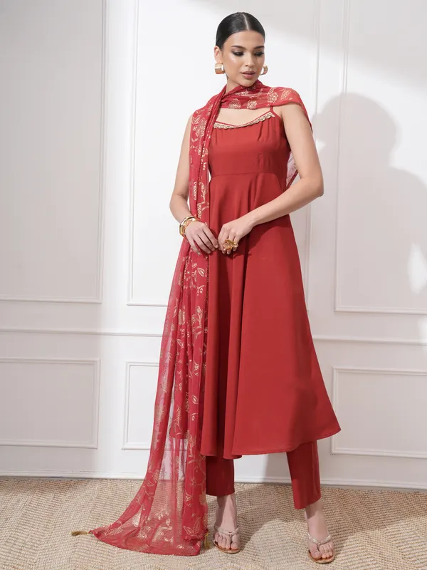 Vishudh Women Red Self Design Kurta With Trousers And Dupatta