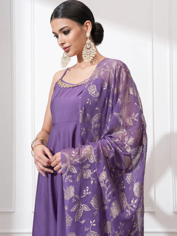 Vishudh Women Purple Self Design Kurta With Trousers And Dupatta