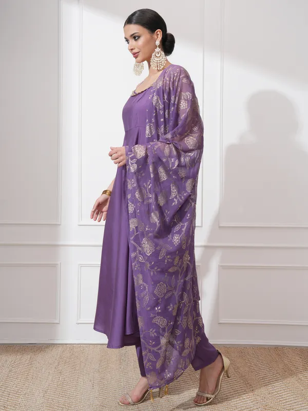 Vishudh Women Purple Self Design Kurta With Trousers And Dupatta