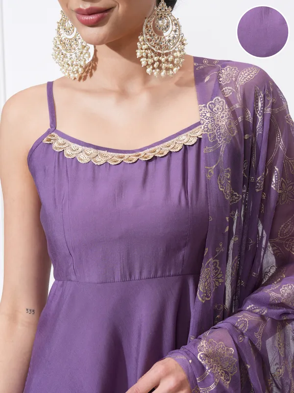 Vishudh Women Purple Self Design Kurta With Trousers And Dupatta