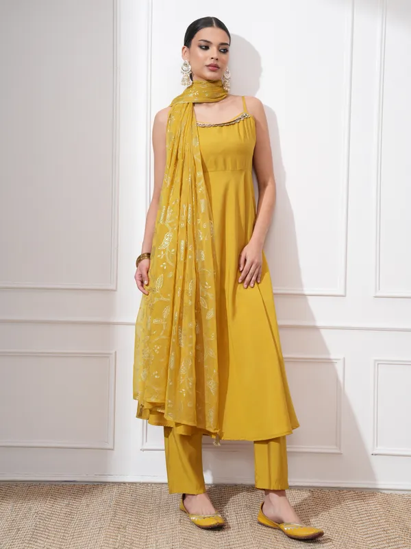 Vishudh Women Mustard Self Design Kurta With Trousers And Dupatta