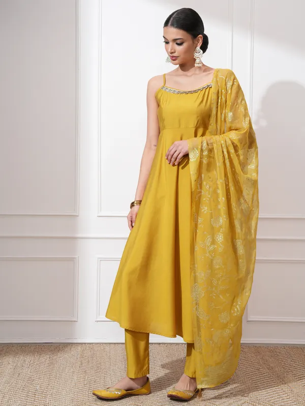 Vishudh Women Mustard Self Design Kurta With Trousers And Dupatta